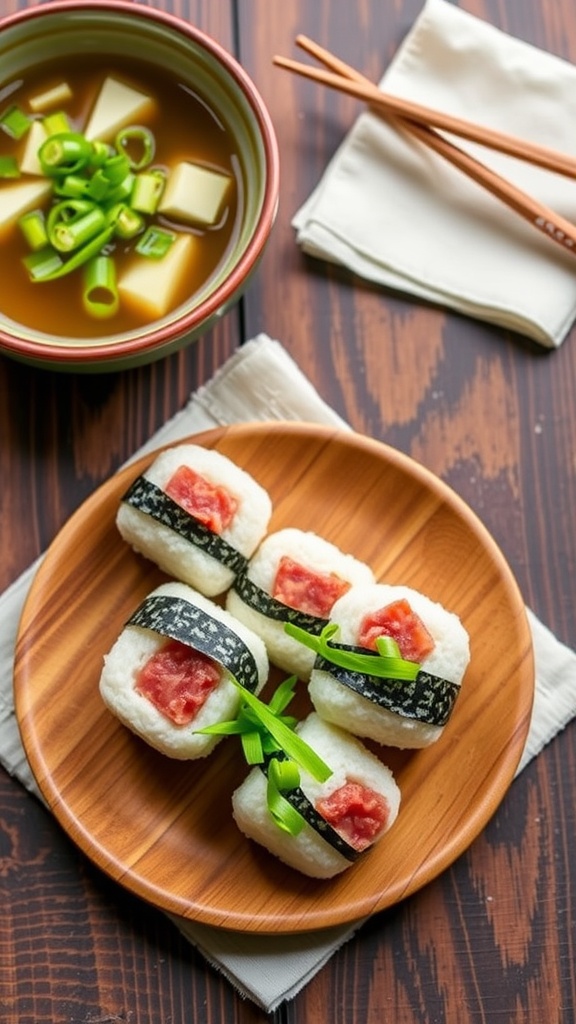 Tuna onigiri rice balls with nori and a bowl of miso soup with tofu and green onions.